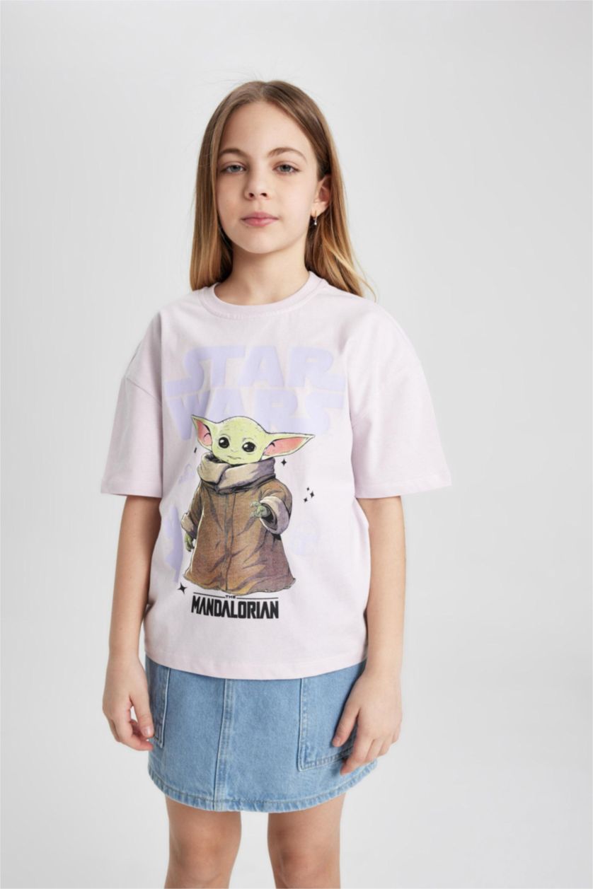 Kız Çocuk - Genç Kız Açık Pembe Star Wars-Mandalorıan Relax Fıt Bisiklet Yaka Kısa Kollu Tişört Kız Çocuk
