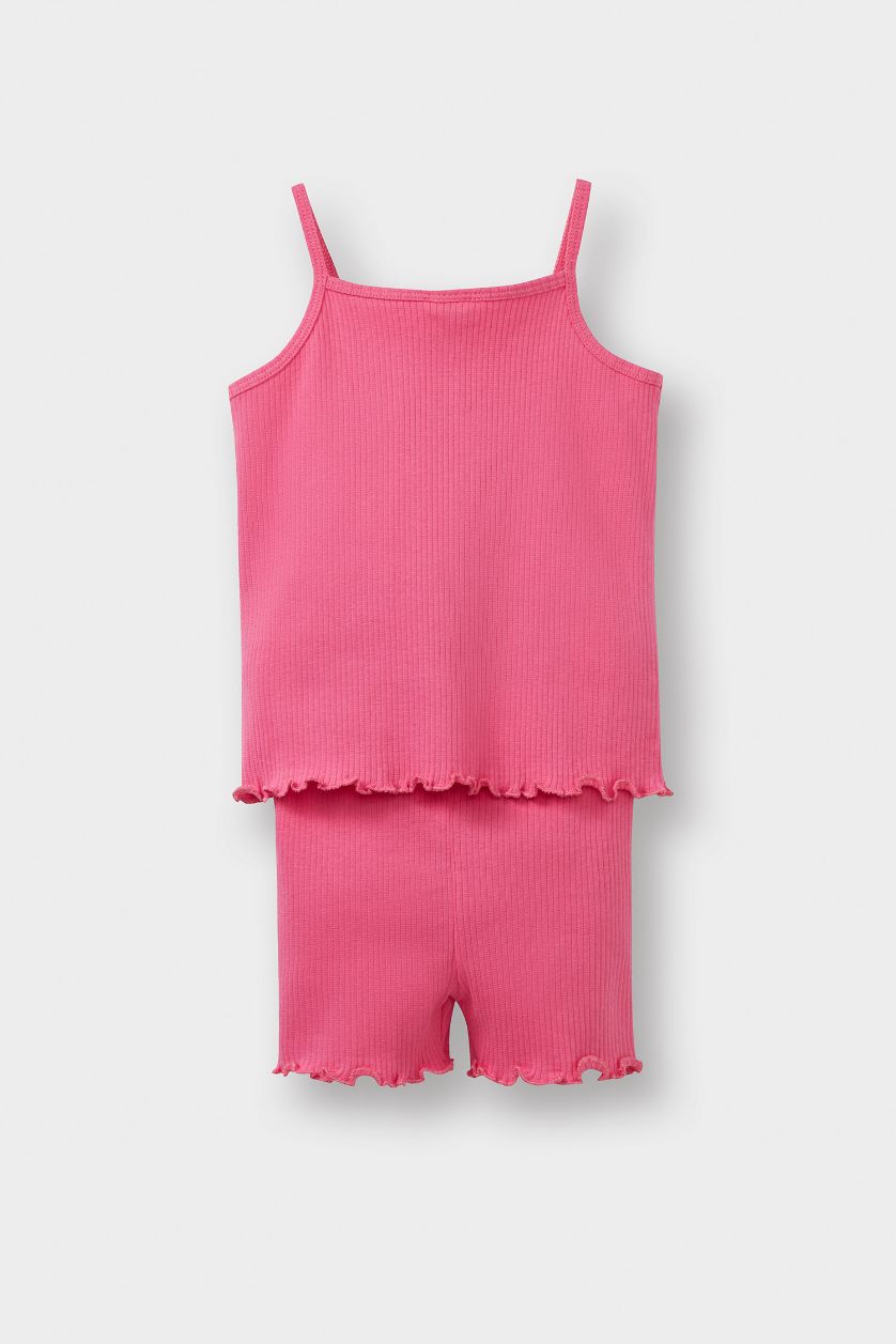 Kız Bebek Pembe 2'li Takımı Baskılı Askılı Fitilli Kaşkorse Atlet Beli Lastikli Tayt Kız Bebek