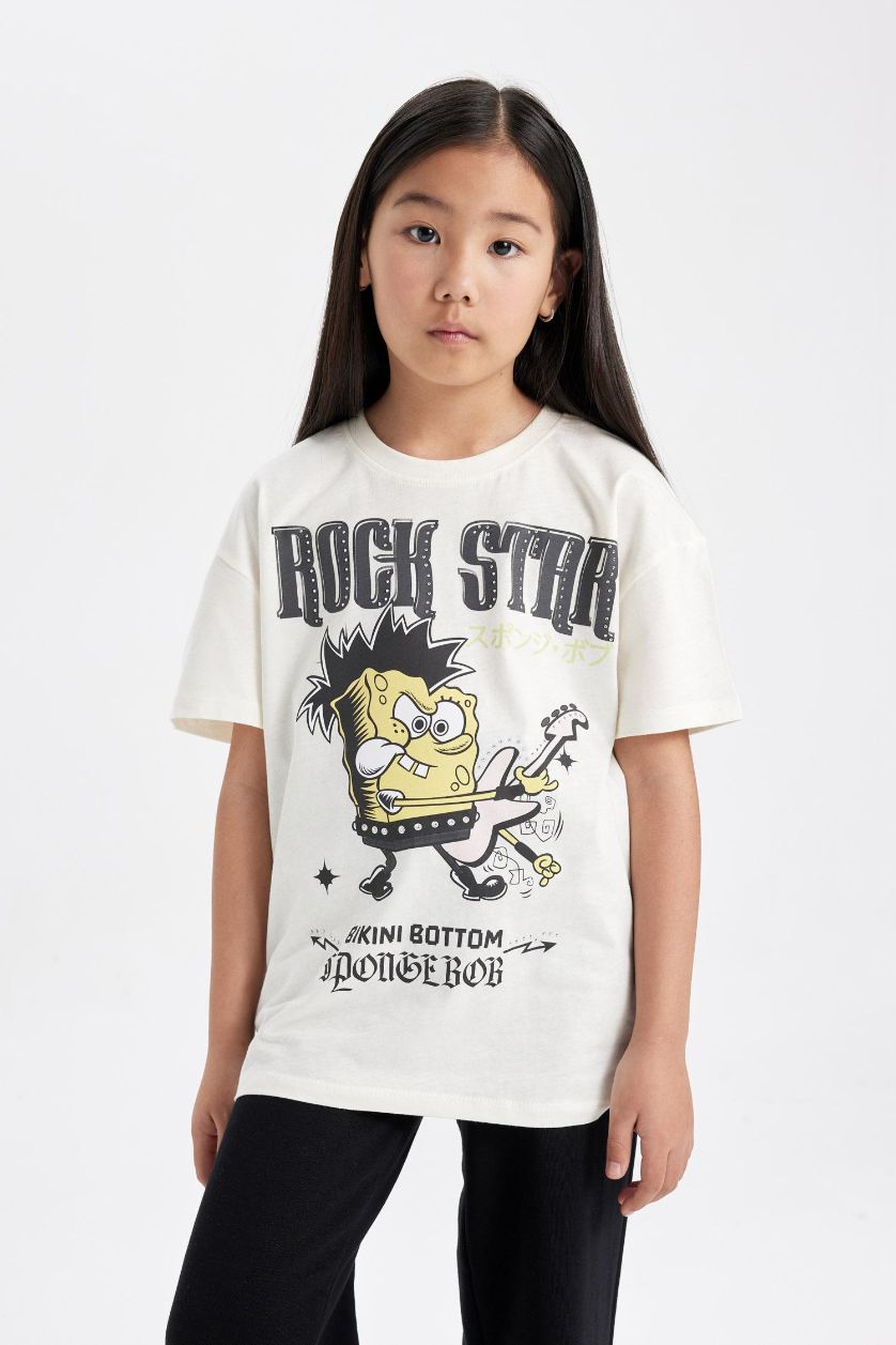 Kız Çocuk - Genç Kız Ekru SpongeBob Oversize Geniş Kalıp Bisiklet Yaka Kısa Kollu Tişört Kız Çocuk