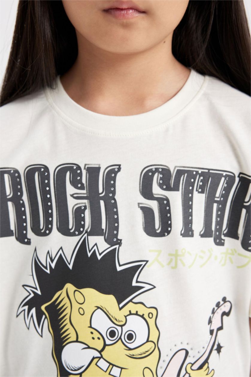 Kız Çocuk - Genç Kız Ekru SpongeBob Oversize Geniş Kalıp Bisiklet Yaka Kısa Kollu Tişört Kız Çocuk