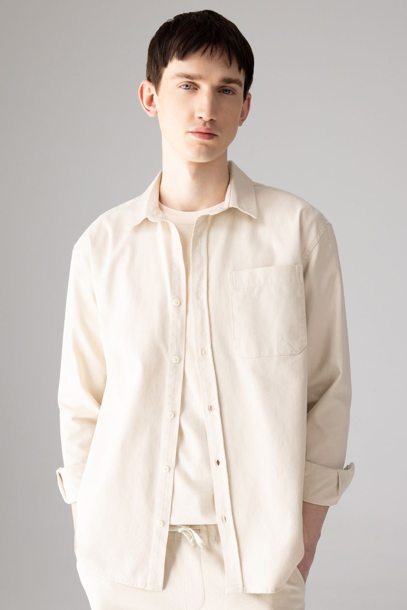 Erkek Bej %100 Pamuk Relax Fit Polo Yaka Basic Düz Gabardin Uzun Kollu Gömlek