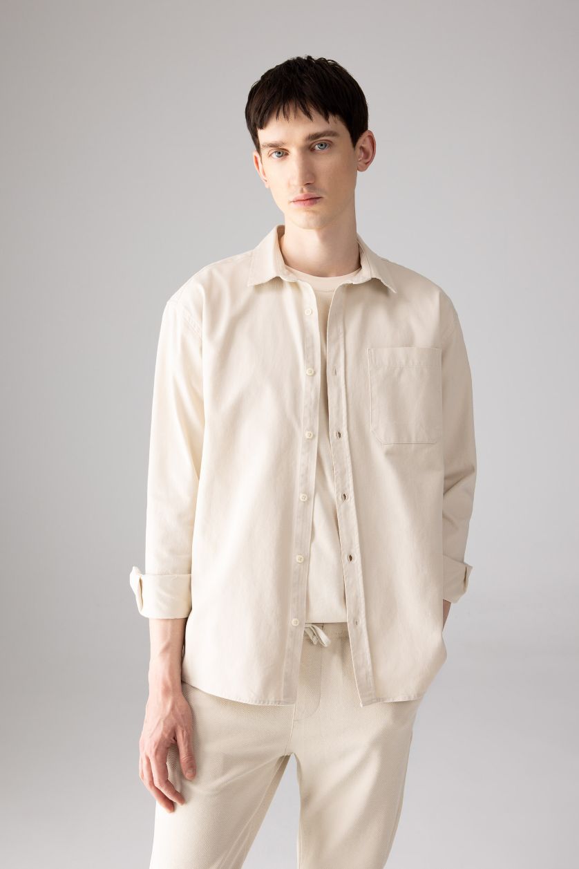 Erkek Bej %100 Pamuk Relax Fit Polo Yaka Basic Düz Gabardin Uzun Kollu Gömlek