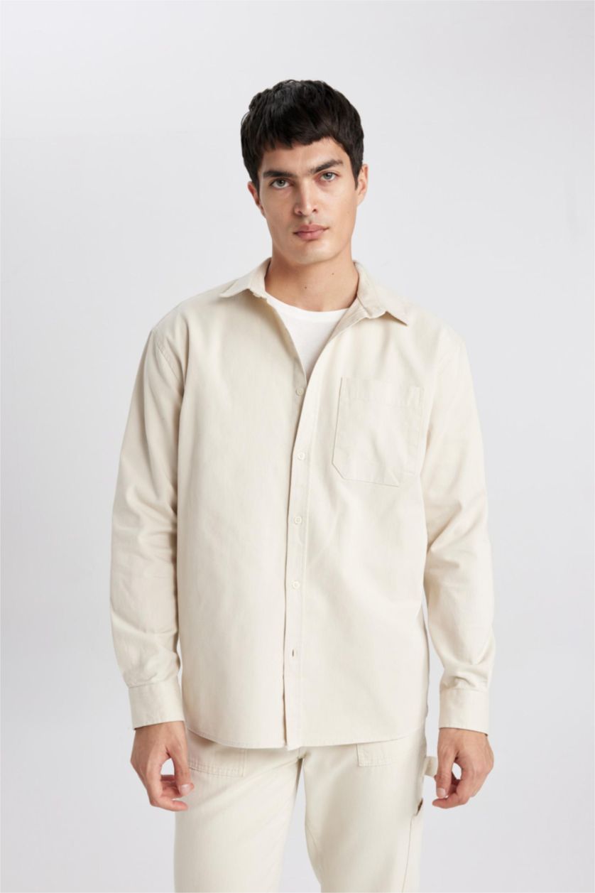 Erkek Bej %100 Pamuk Relax Fit Polo Yaka Basic Düz Gabardin Uzun Kollu Gömlek