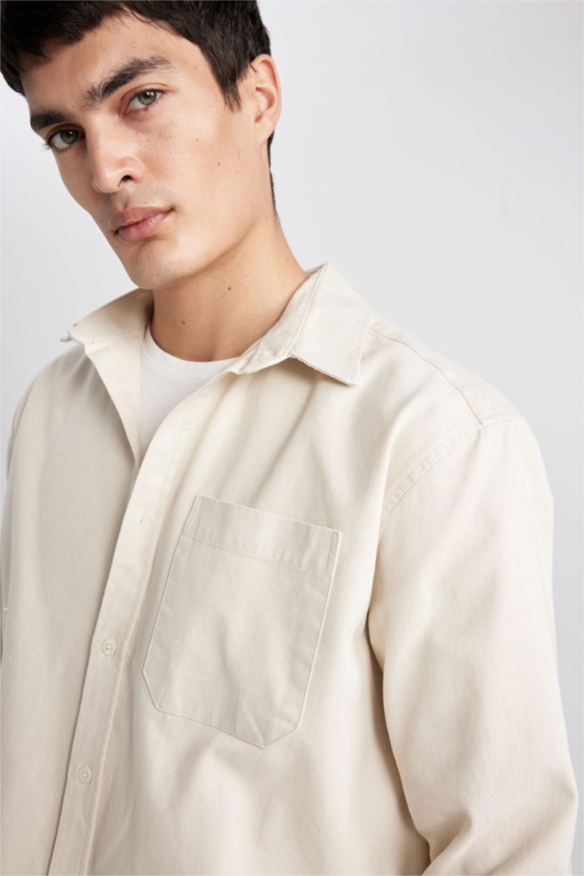 Erkek Bej %100 Pamuk Relax Fit Polo Yaka Basic Düz Gabardin Uzun Kollu Gömlek