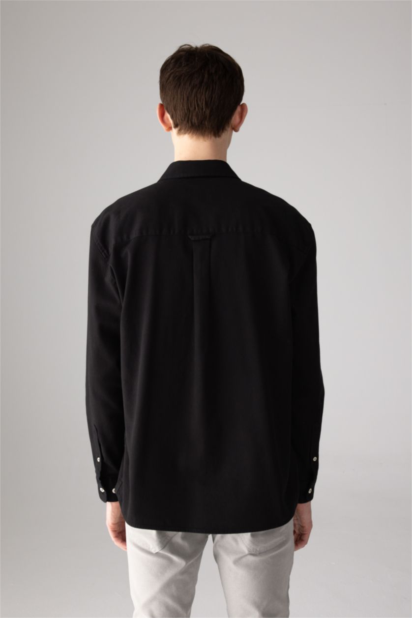 رجالي أسود قميص قطن كم طويل جبردين قصة مريحة