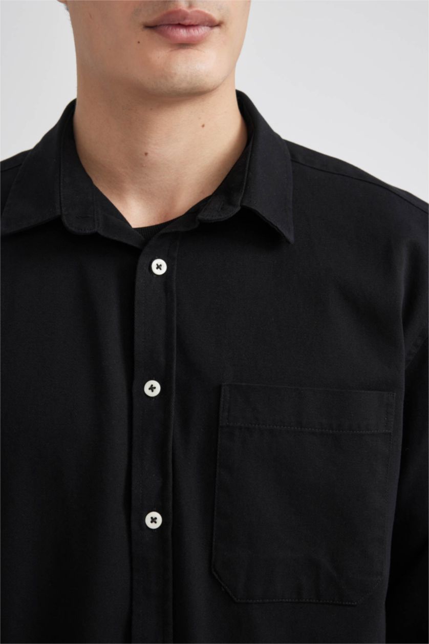 رجالي أسود قميص قطن كم طويل جبردين قصة مريحة