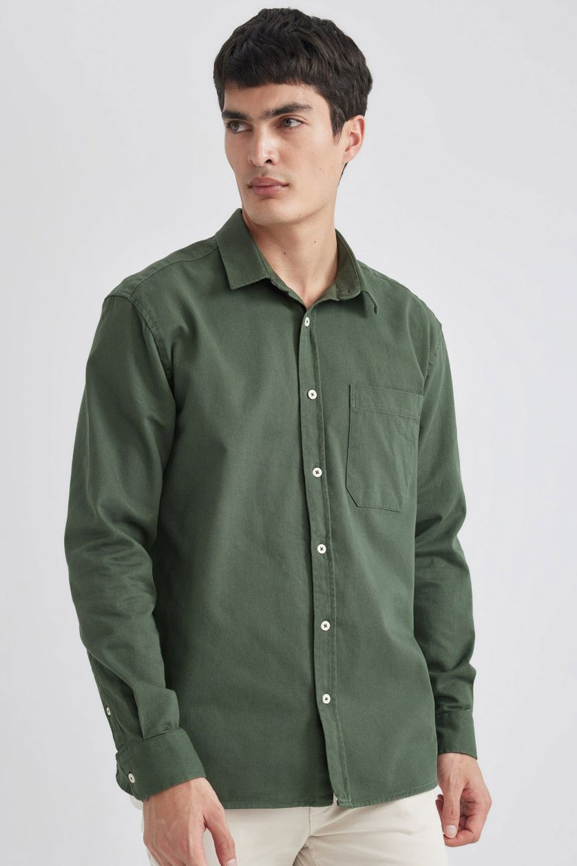 MAN Green Relax Fit Polo Collar Gabardine Long Sleeve Shirt