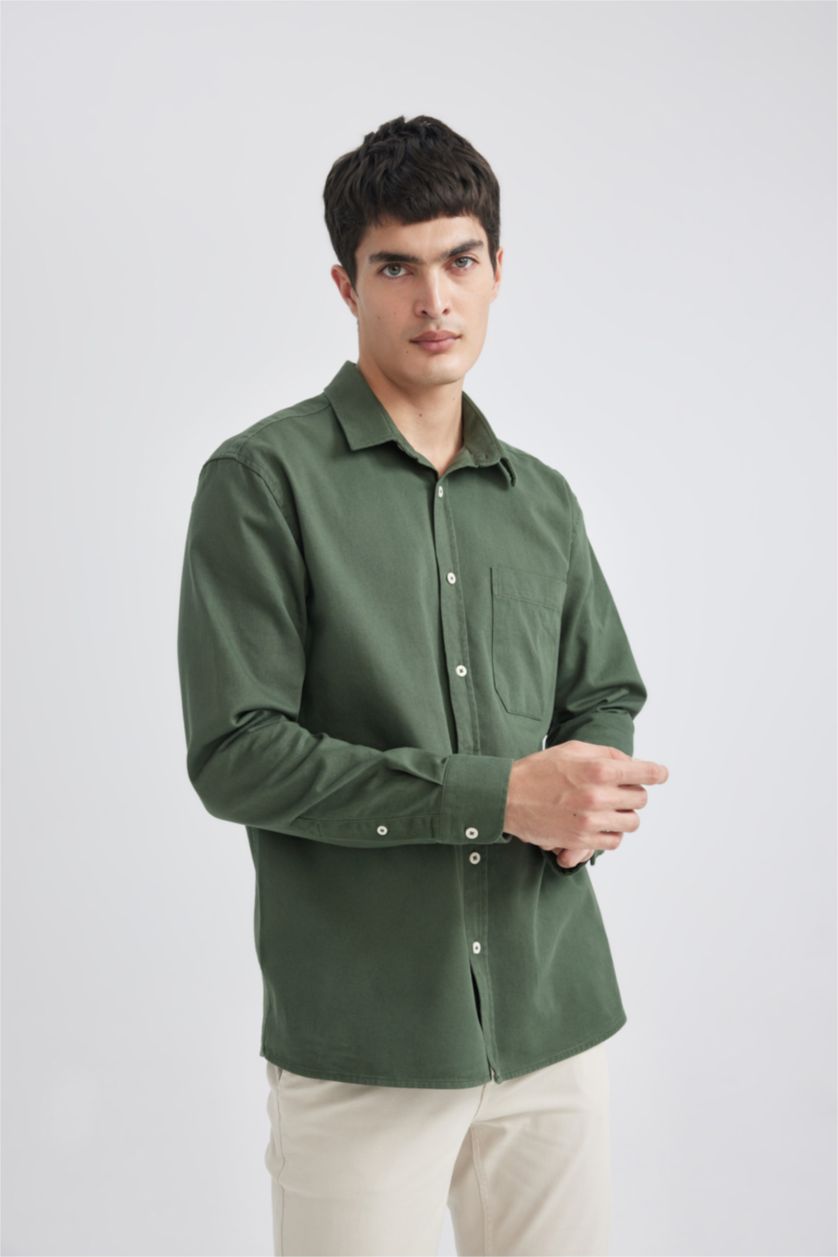 MAN Green Relax Fit Polo Collar Gabardine Long Sleeve Shirt