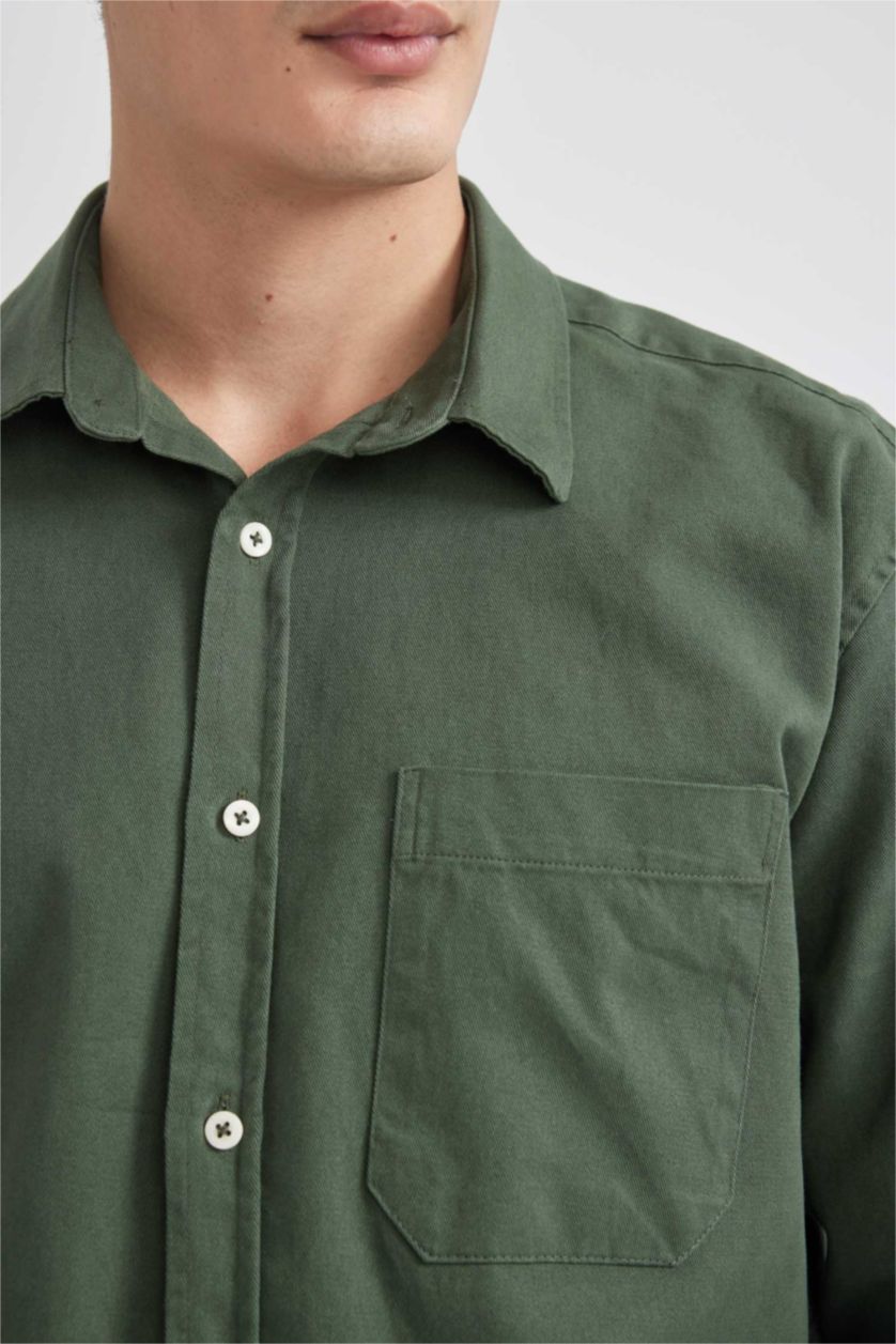 MAN Green Relax Fit Polo Collar Gabardine Long Sleeve Shirt