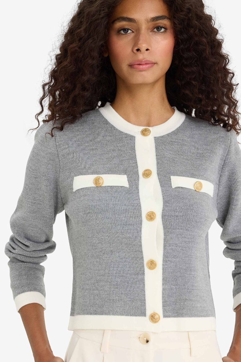 WOMAN Grey Melange Regular Fit Crew Neck Knitwear Cardigan