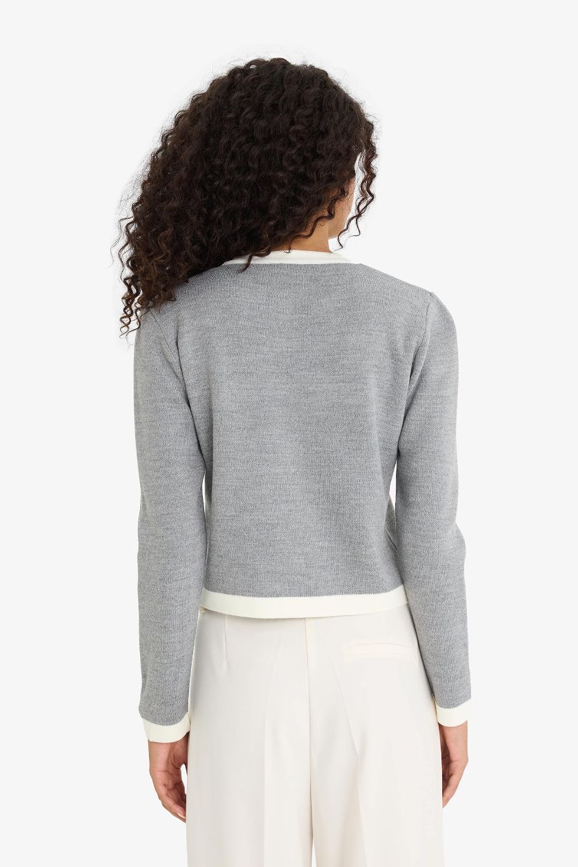 WOMAN Grey Melange Regular Fit Crew Neck Knitwear Cardigan