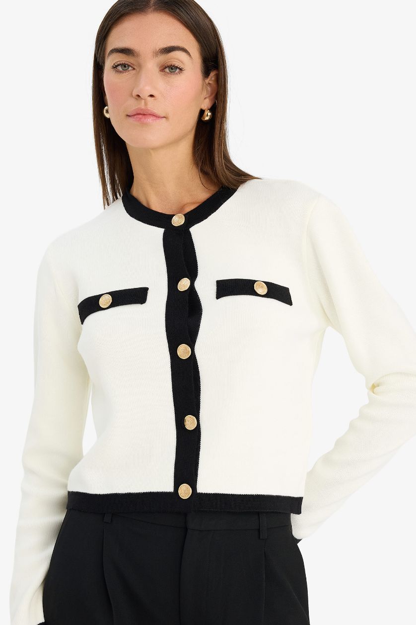 WOMAN Ecru Regular Fit Crew Neck Knitwear Cardigan