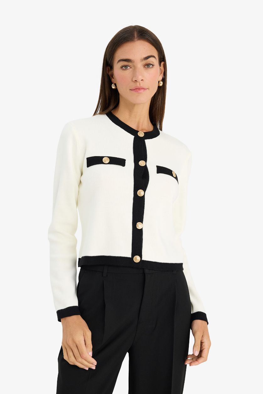 WOMAN Ecru Regular Fit Crew Neck Knitwear Cardigan