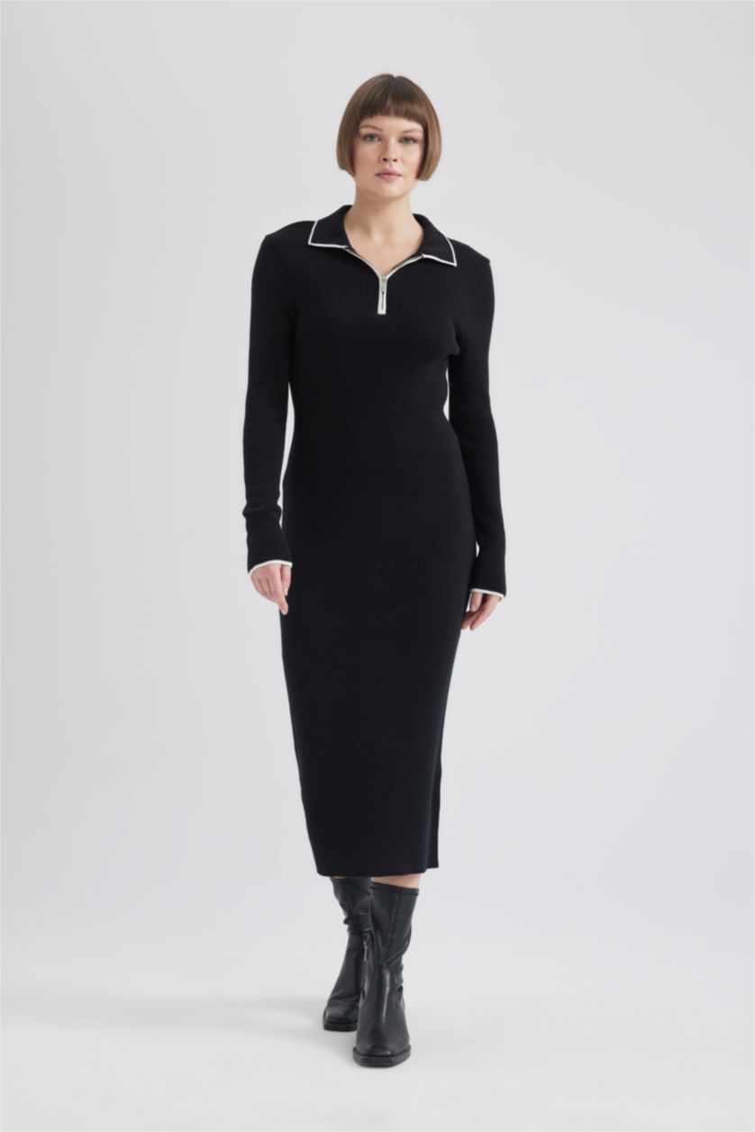 FEMME Noir Robe longue en tricot à col polo zippé Coupe régulière