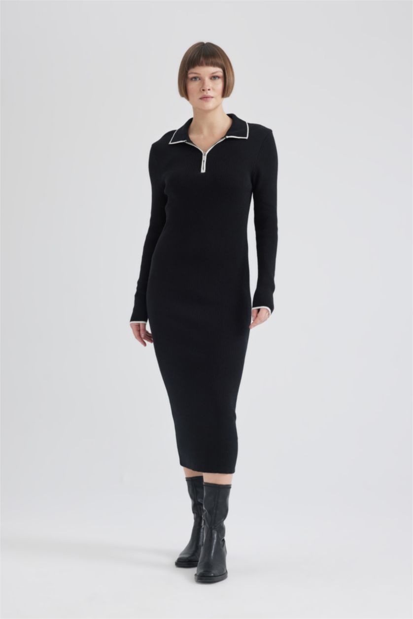 FEMME Noir Robe longue en tricot à col polo zippé Coupe régulière