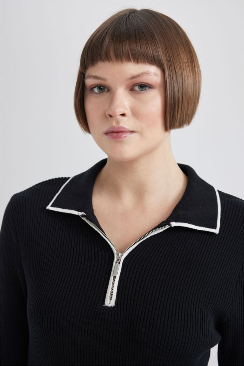 FEMME Noir Robe longue en tricot à col polo zippé Coupe régulière