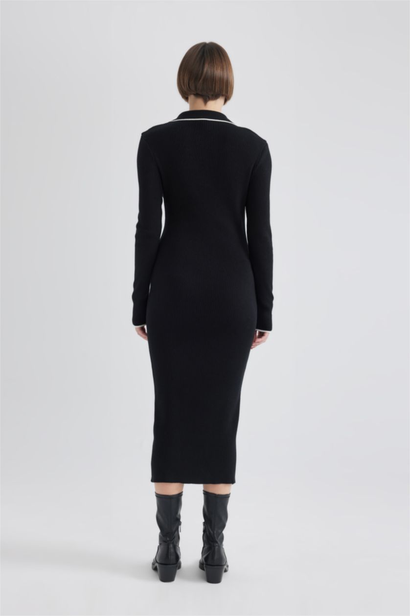 FEMME Noir Robe longue en tricot à col polo zippé Coupe régulière