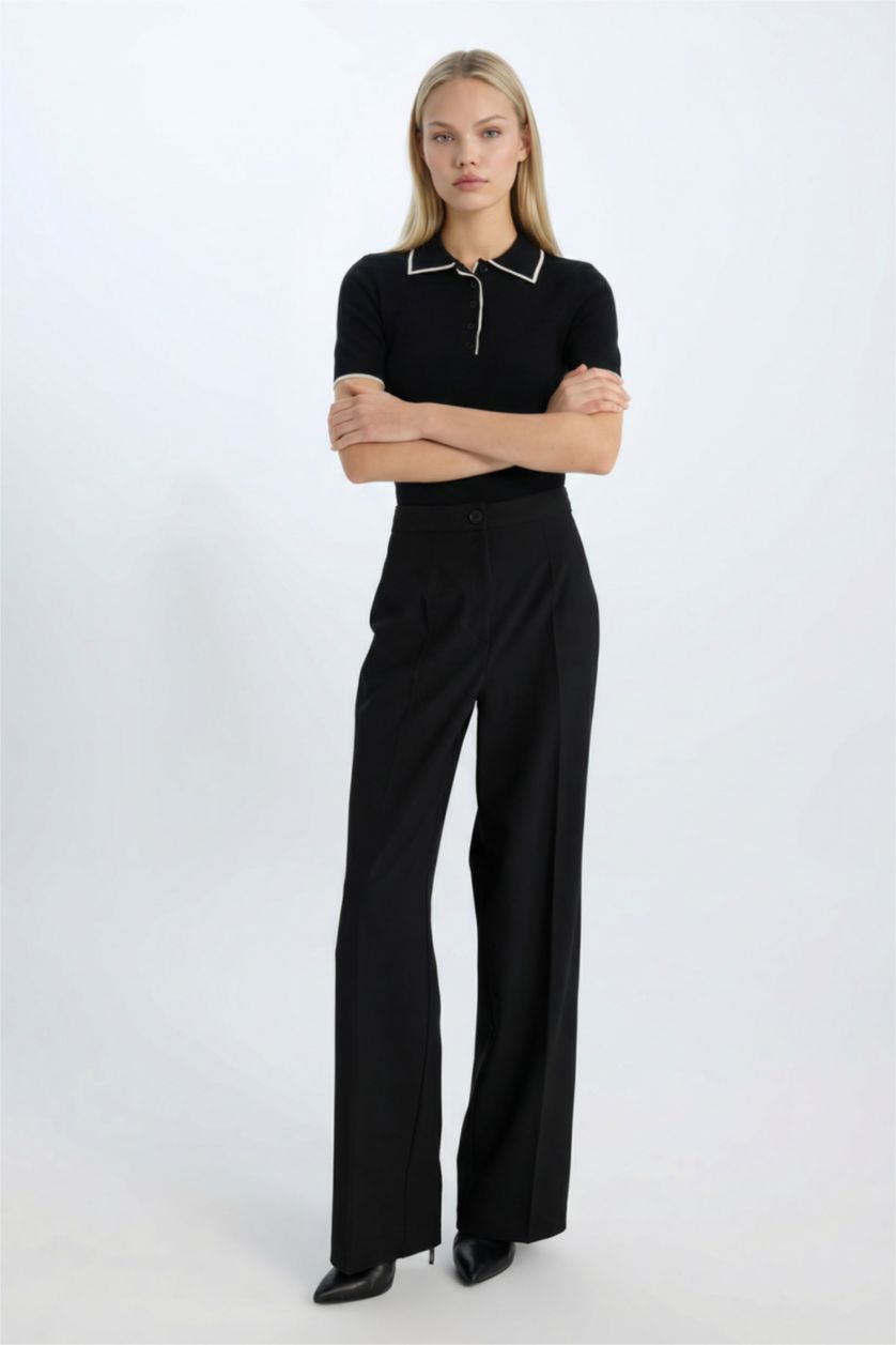 Женщины Черный Приталенная Футболка Поло С Воротником И Коротким Рукавом Из Трикотажа