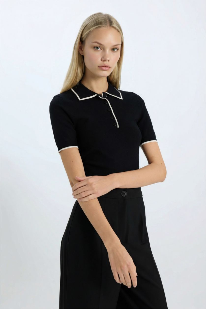 Женщины Черный Приталенная Футболка Поло С Воротником И Коротким Рукавом Из Трикотажа
