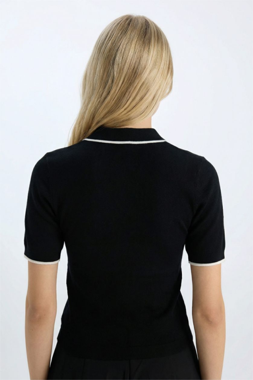 Женщины Черный Приталенная Футболка Поло С Воротником И Коротким Рукавом Из Трикотажа