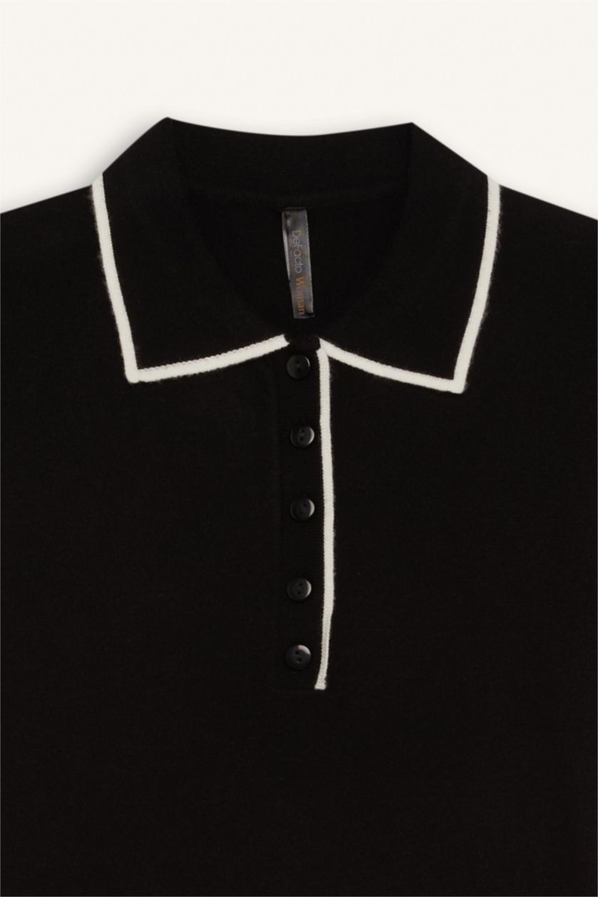 Женщины Черный Приталенная Футболка Поло С Воротником И Коротким Рукавом Из Трикотажа