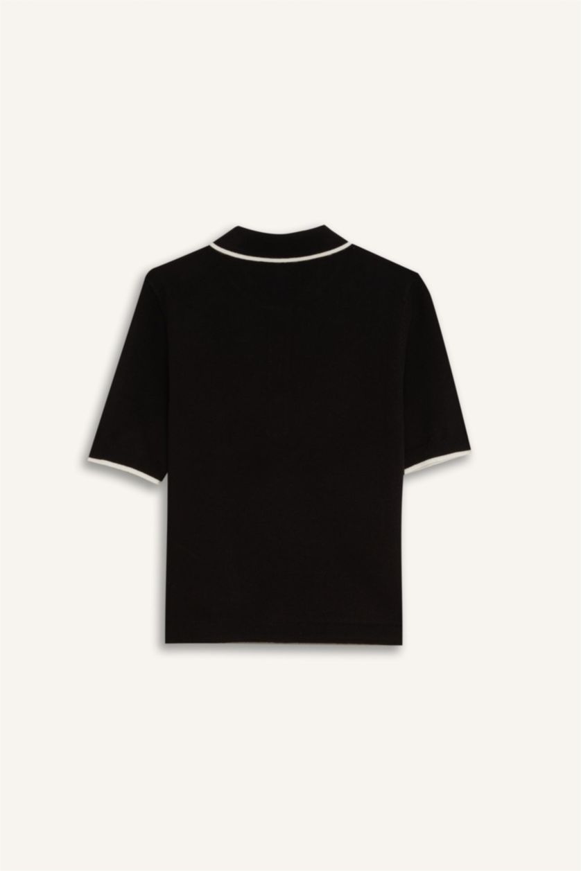 Женщины Черный Приталенная Футболка Поло С Воротником И Коротким Рукавом Из Трикотажа