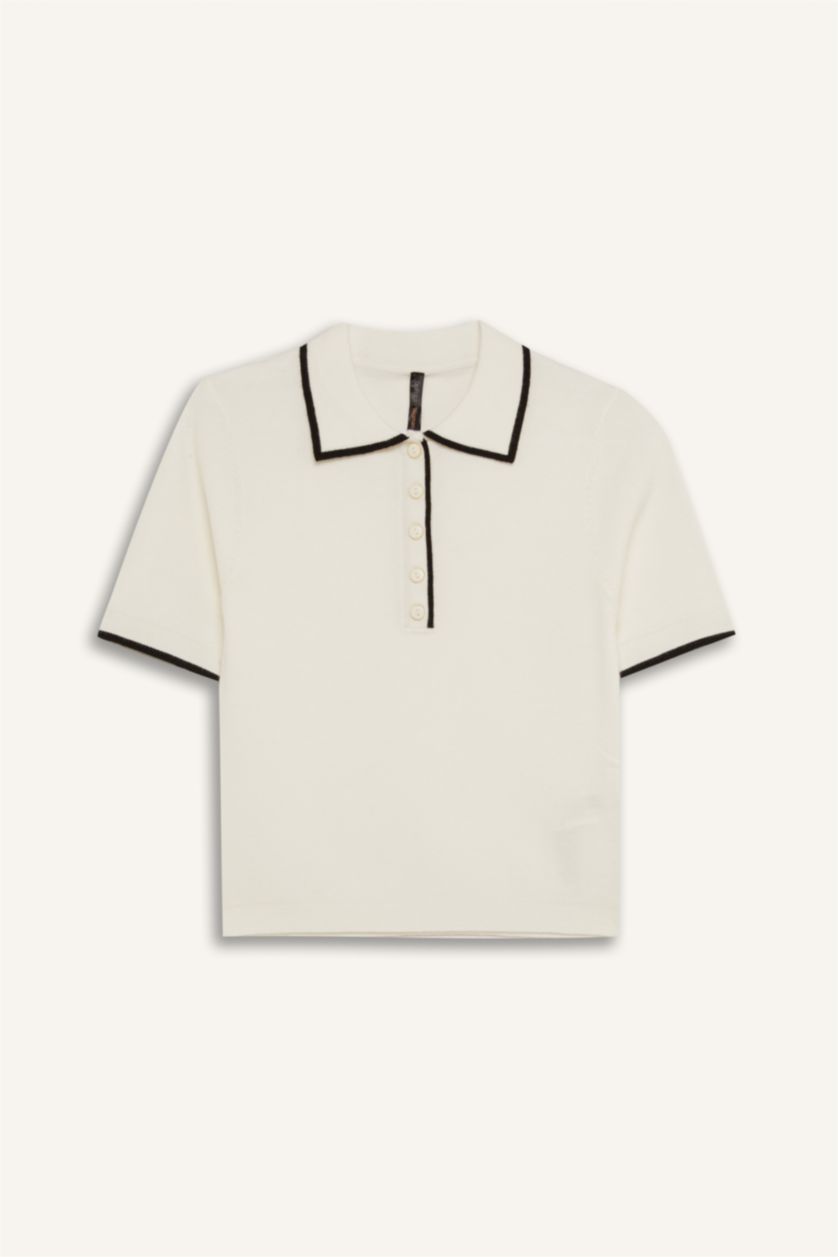 Kadın Ekru Fitted Polo Yaka Kısa Kollu Triko Tişört