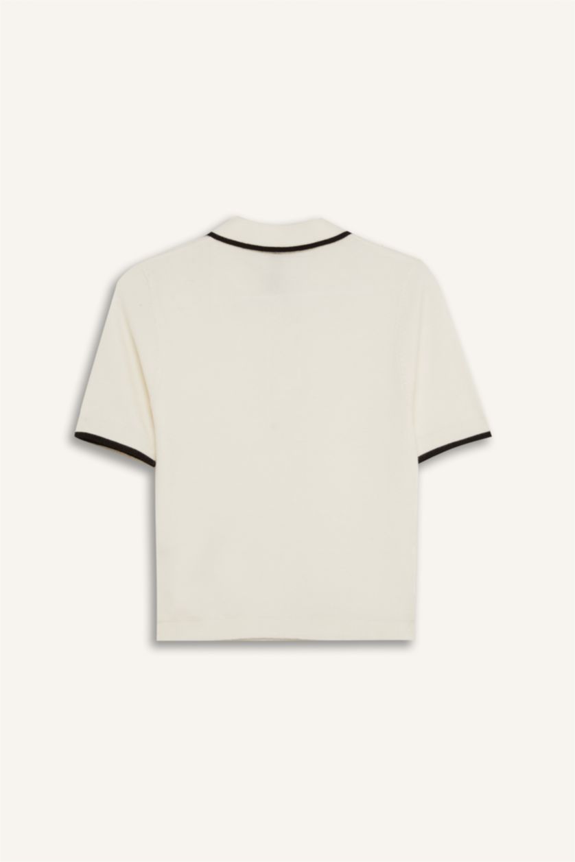 Kadın Ekru Fitted Polo Yaka Kısa Kollu Triko Tişört