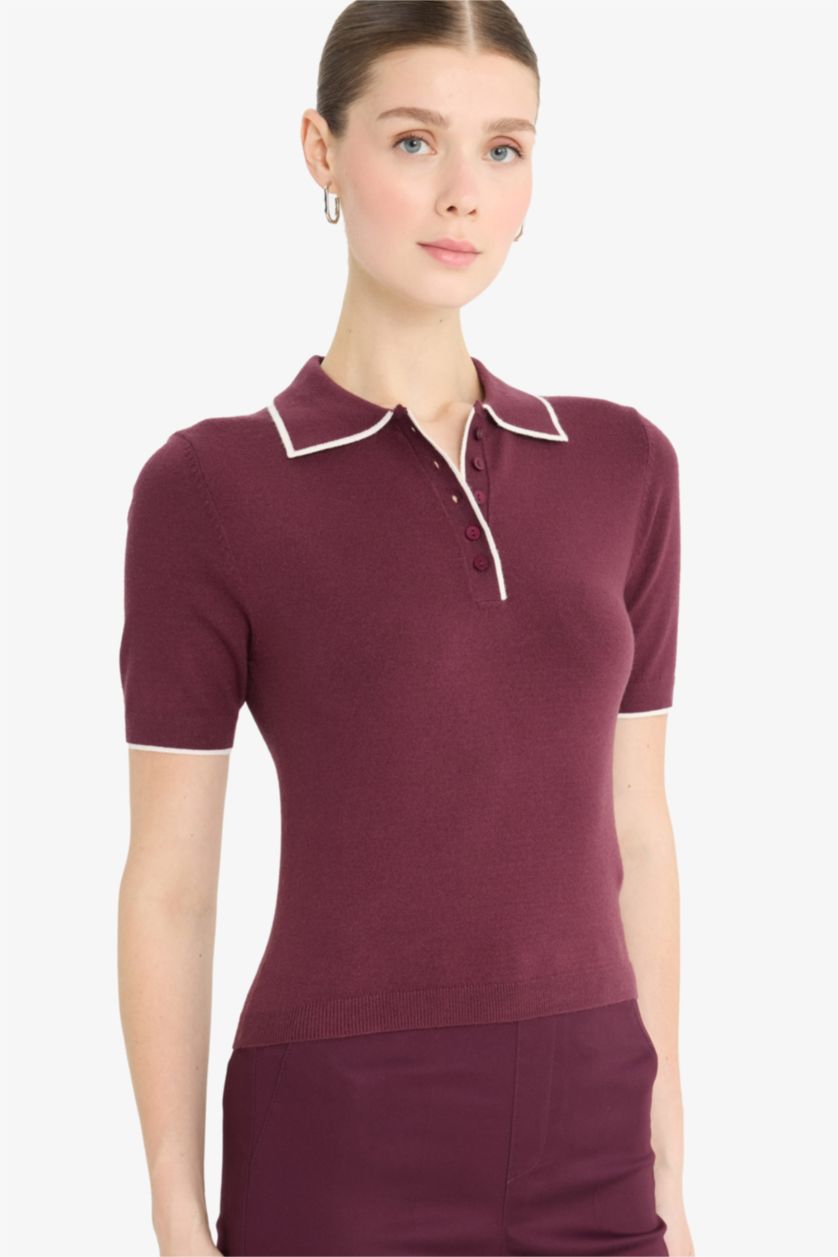 Әйелдерге Бордо ұзын бұлшықет пішімі поло жаға трикотаж Пулловер