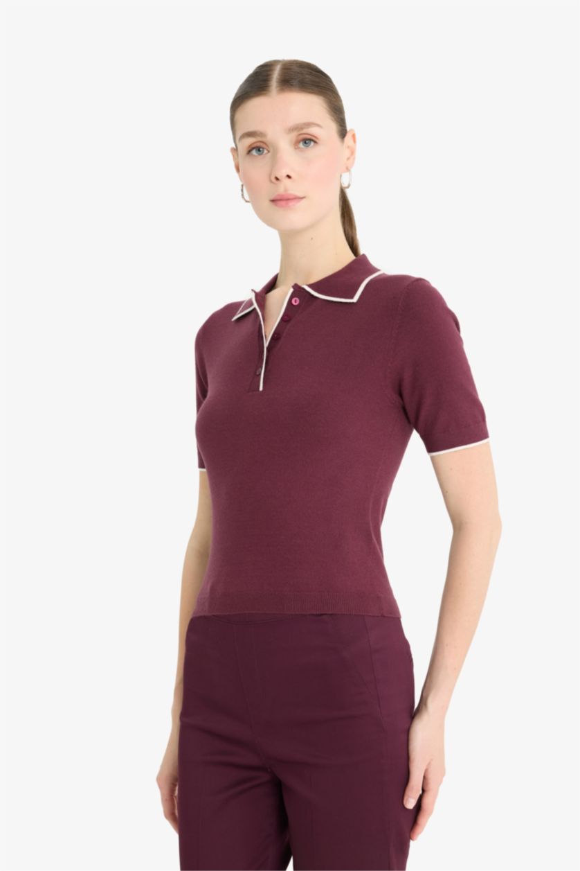 Әйелдерге Бордо ұзын бұлшықет пішімі поло жаға трикотаж Пулловер