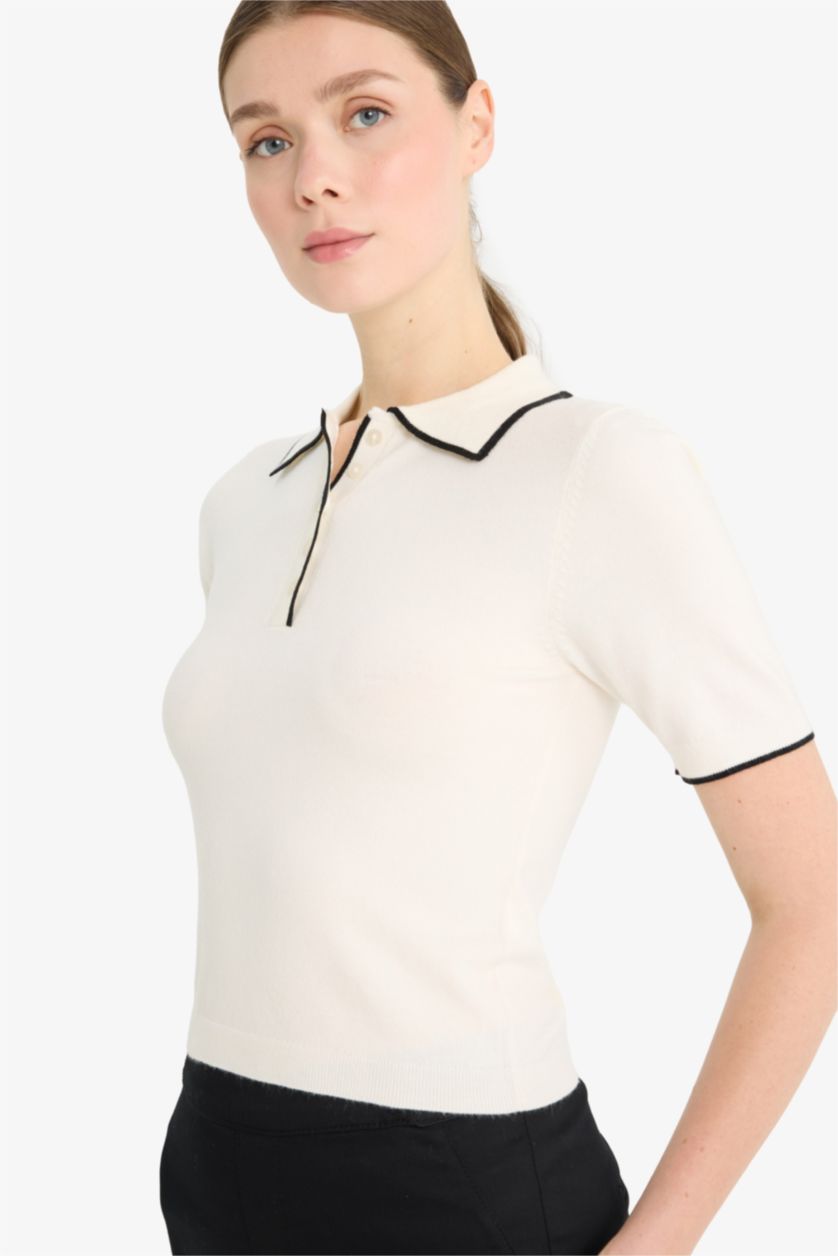 Woman Ecru Fitted Short Sleeve Knitted Polo T-Shirt