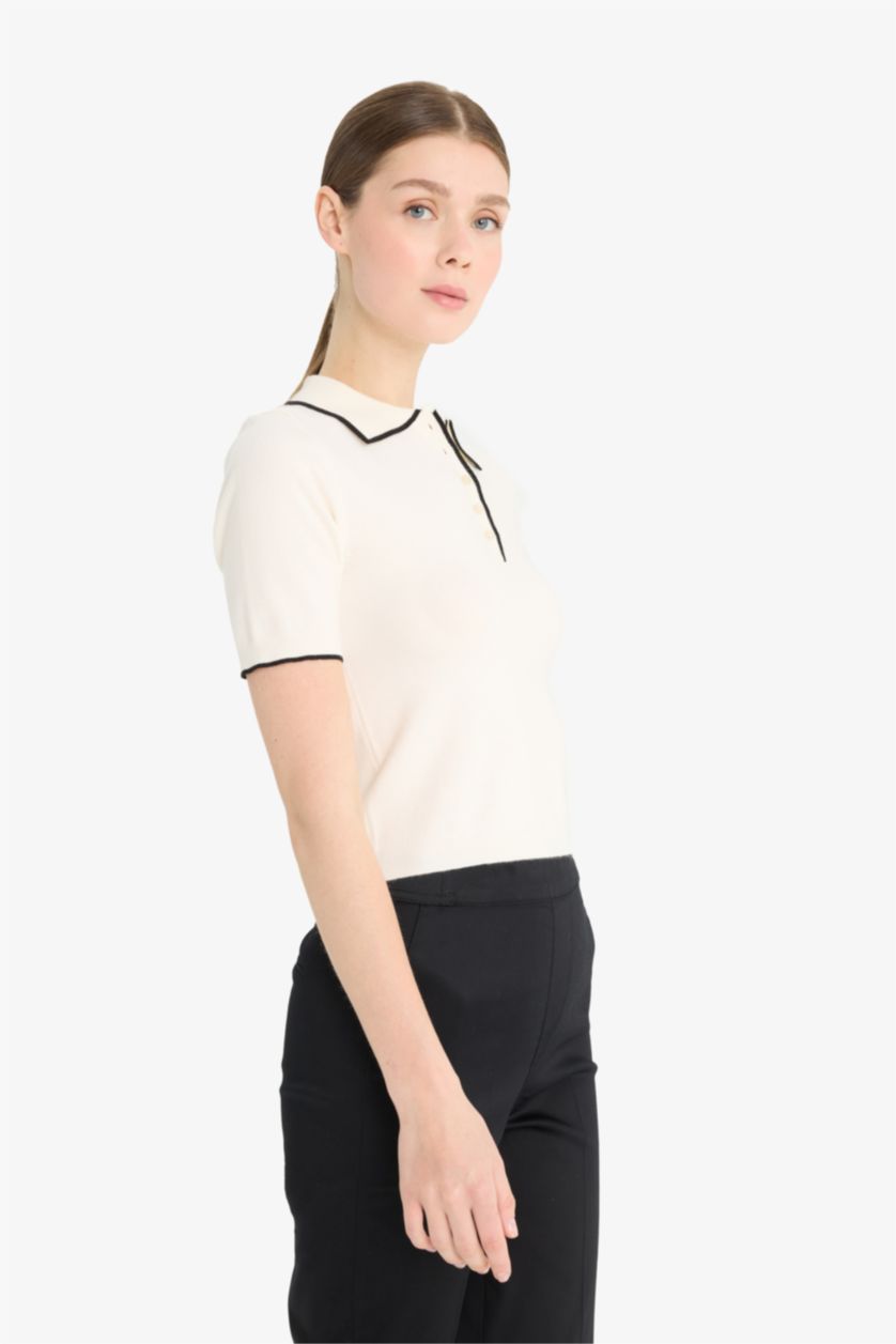 Woman Ecru Fitted Short Sleeve Knitted Polo T-Shirt