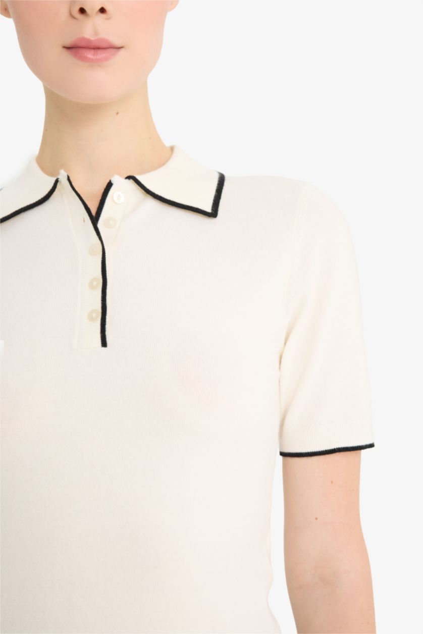 Woman Ecru Fitted Short Sleeve Knitted Polo T-Shirt
