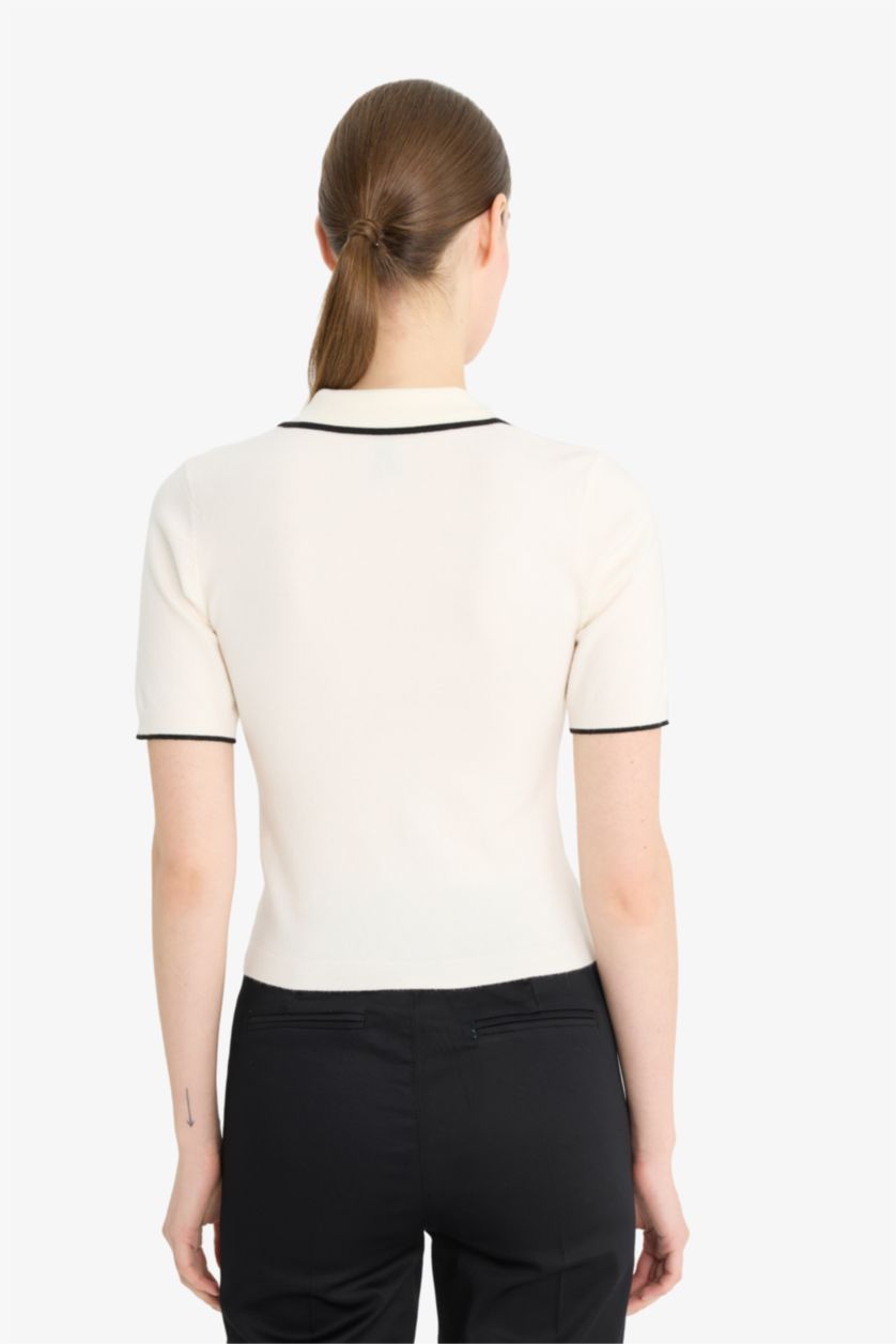 Woman Ecru Fitted Short Sleeve Knitted Polo T-Shirt