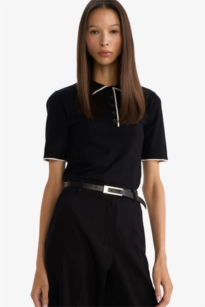 Женщины Черный Свитер с воротником поло Fitted