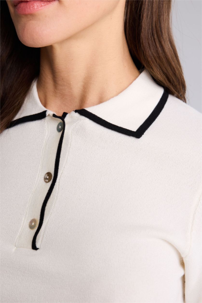 Woman Ecru Slim Fit Polo Collar Pullover