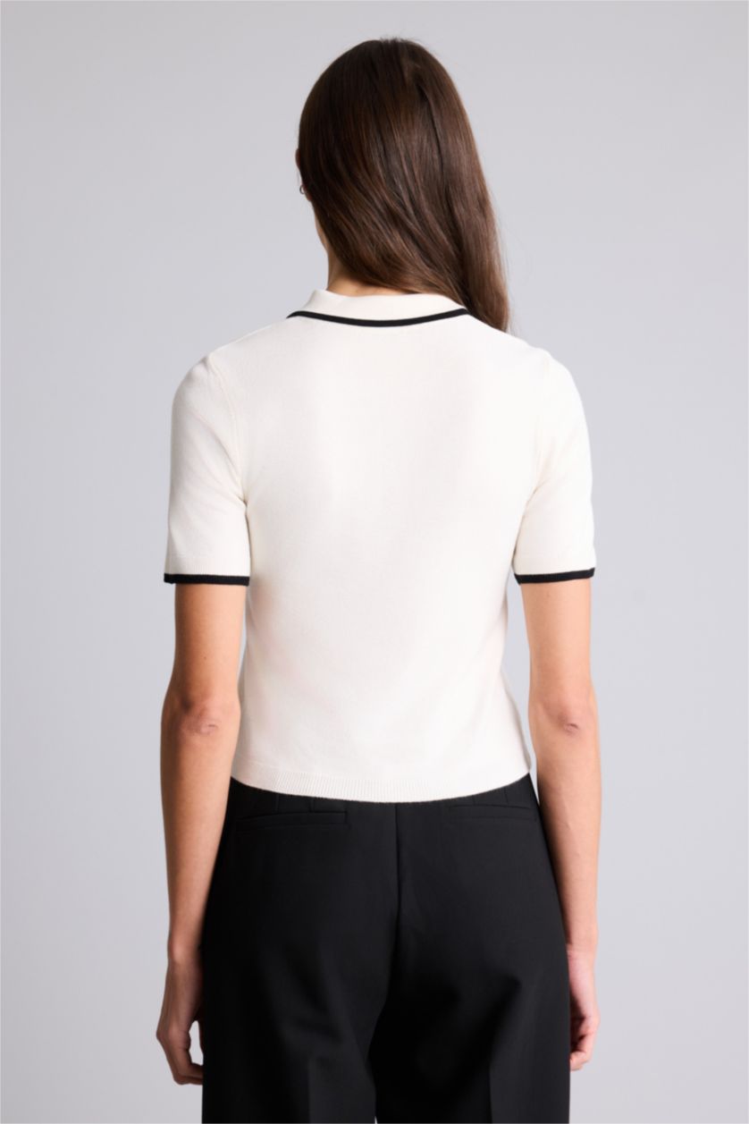 Woman Ecru Slim Fit Polo Collar Pullover