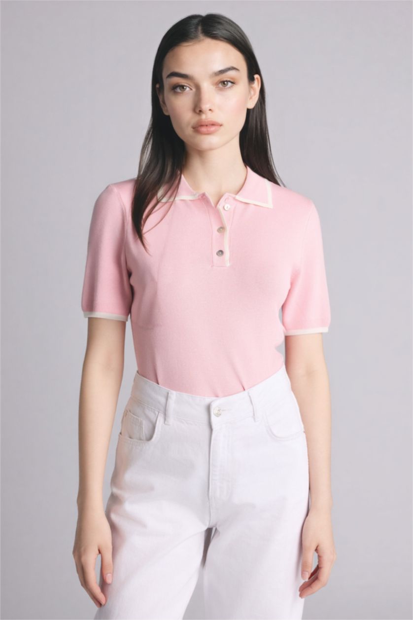 Woman Light Pink Slim Fit Polo Collar Pullover