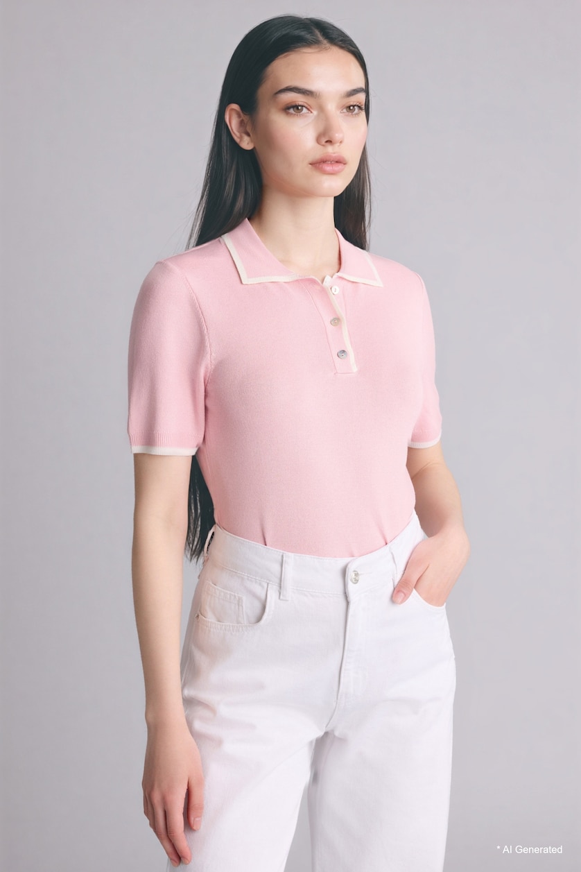 Woman Light Pink Slim Fit Polo Collar Pullover