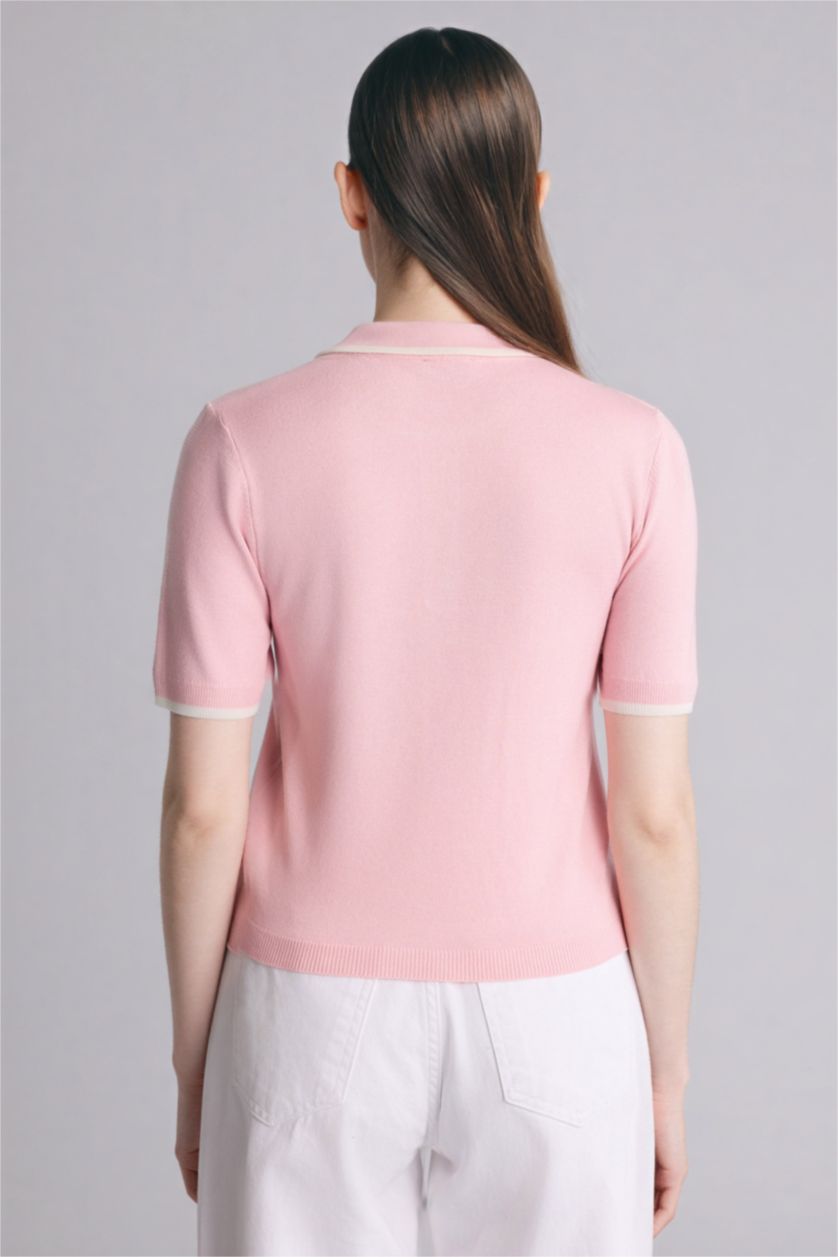 Woman Light Pink Slim Fit Polo Collar Pullover