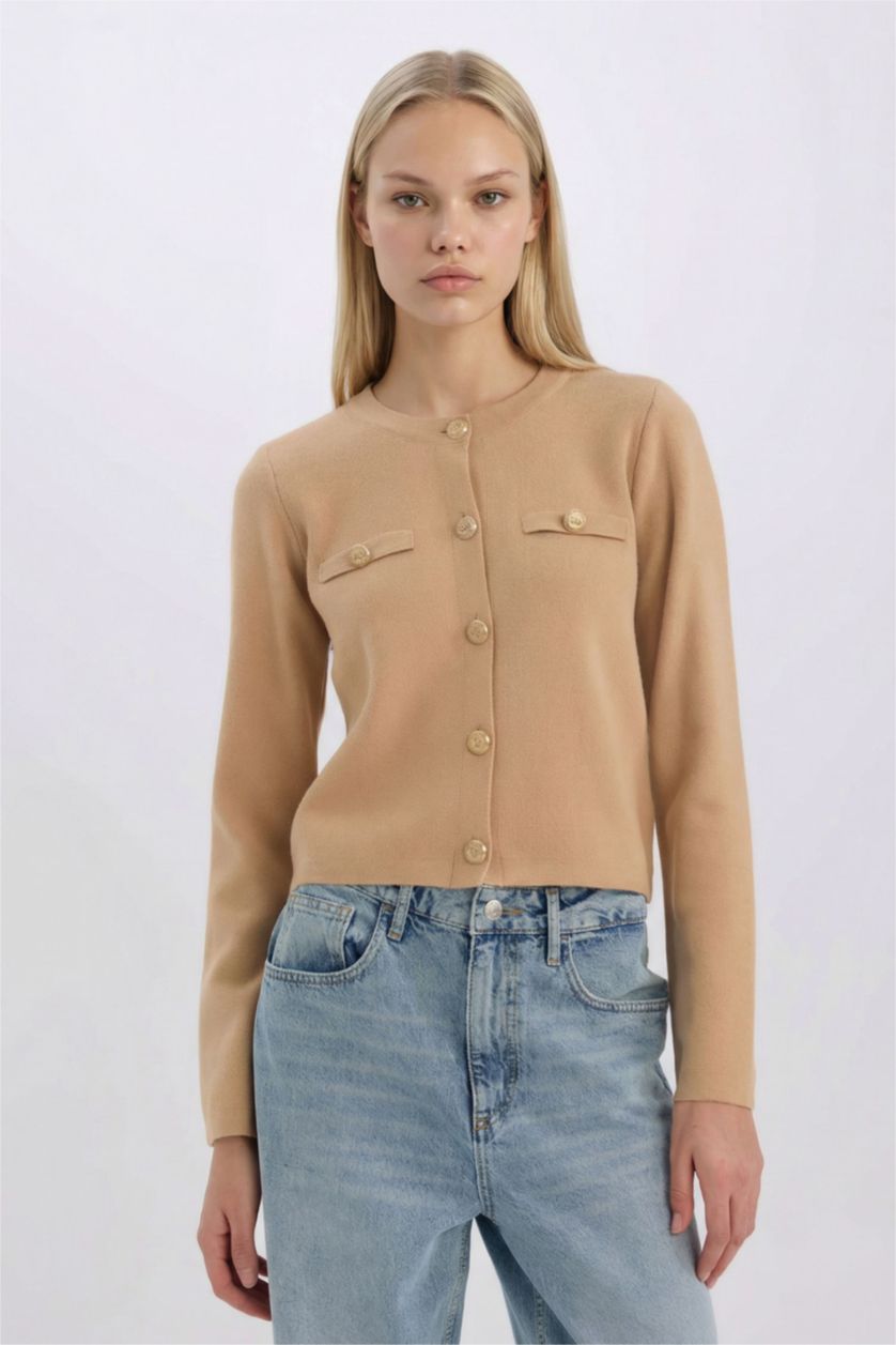 Kadın Bej Basıc Düğmeli Triko Hırka