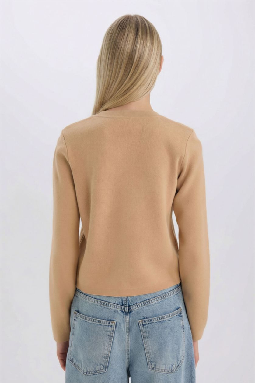 Kadın Bej Basıc Düğmeli Triko Hırka