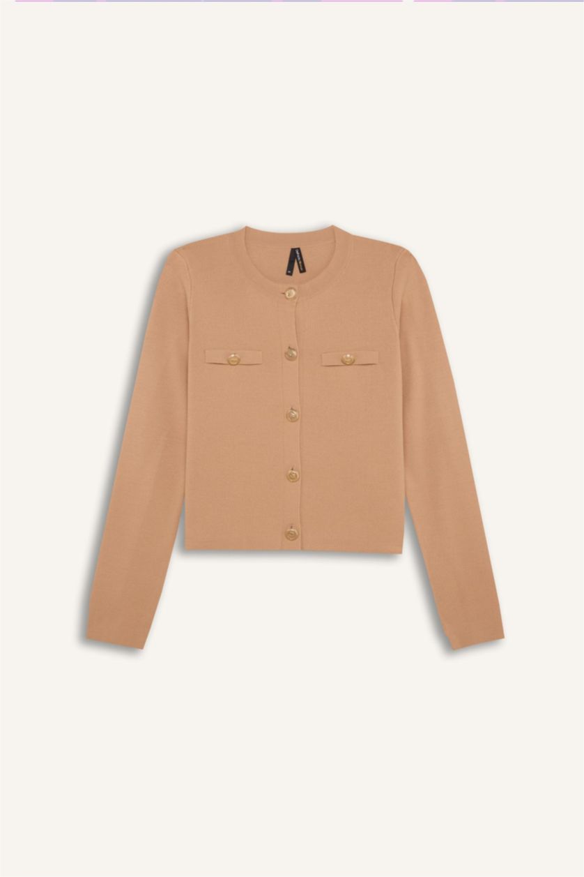 Kadın Bej Basıc Düğmeli Triko Hırka