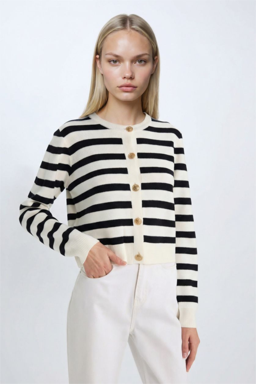 Kadın Siyah Regular Fit Çizgili Bisiklet Yaka Triko Hırka