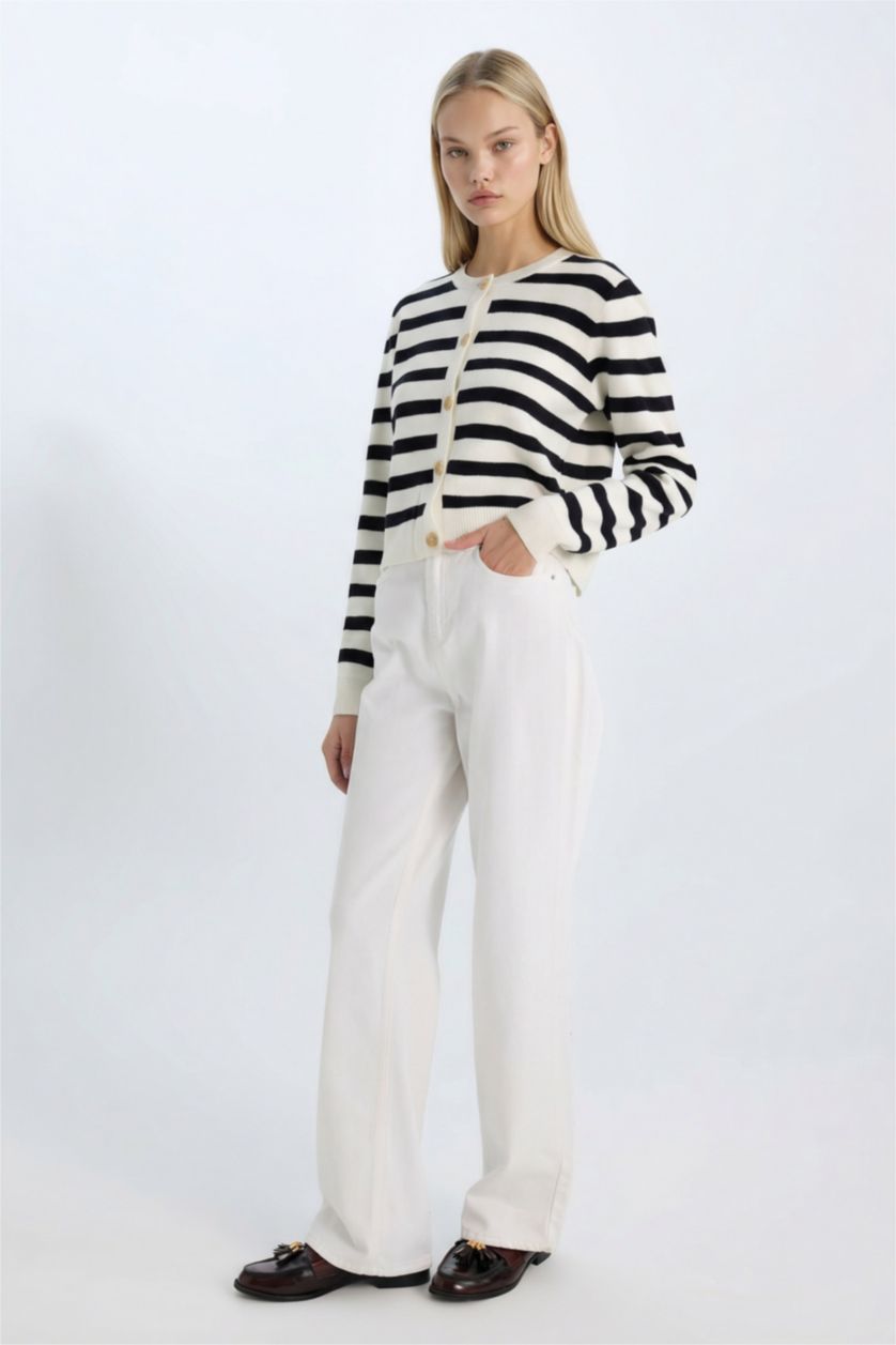 Kadın Siyah Regular Fit Çizgili Bisiklet Yaka Triko Hırka