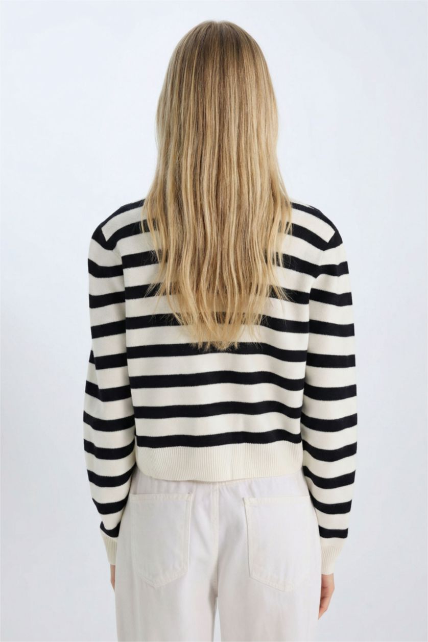 Kadın Siyah Regular Fit Çizgili Bisiklet Yaka Triko Hırka