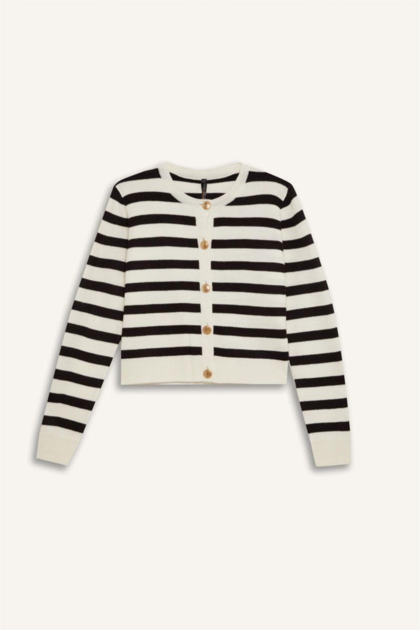 Kadın Siyah Regular Fit Çizgili Bisiklet Yaka Triko Hırka