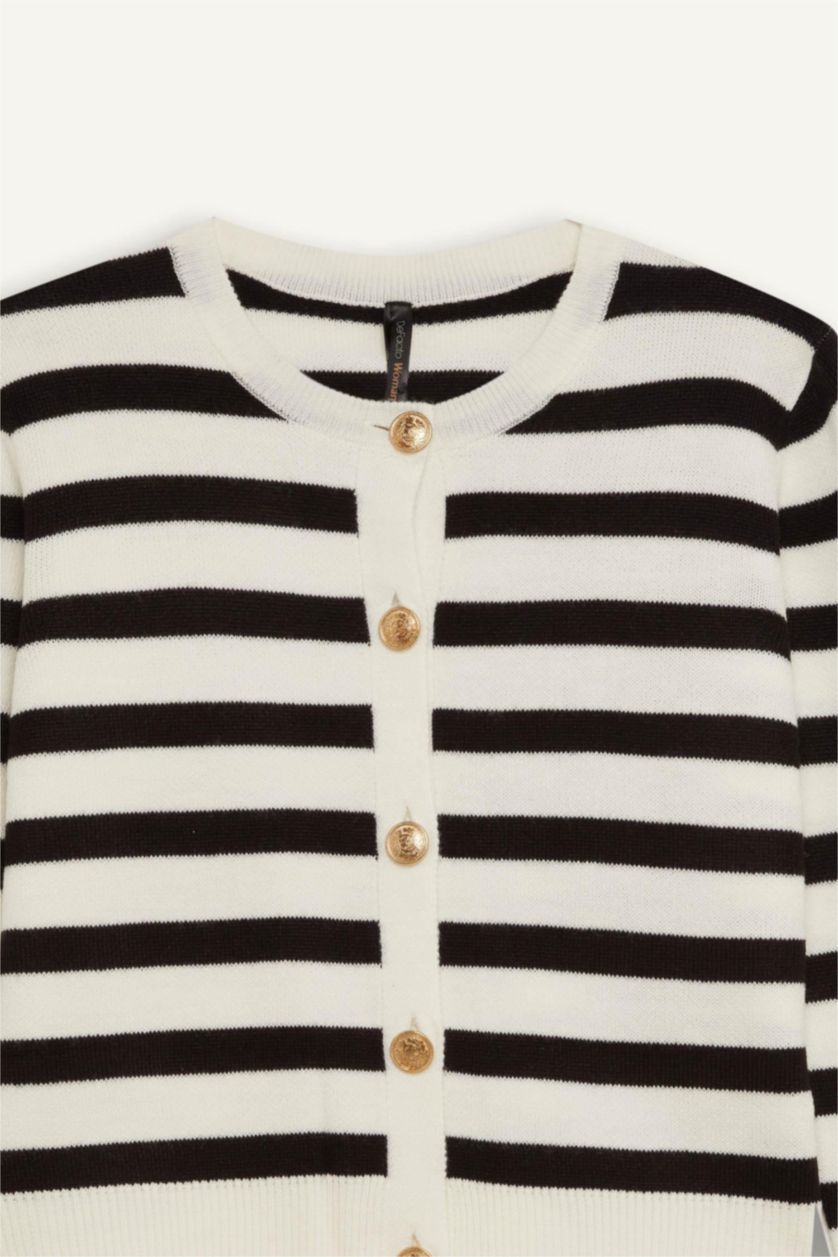 Kadın Siyah Regular Fit Çizgili Bisiklet Yaka Triko Hırka