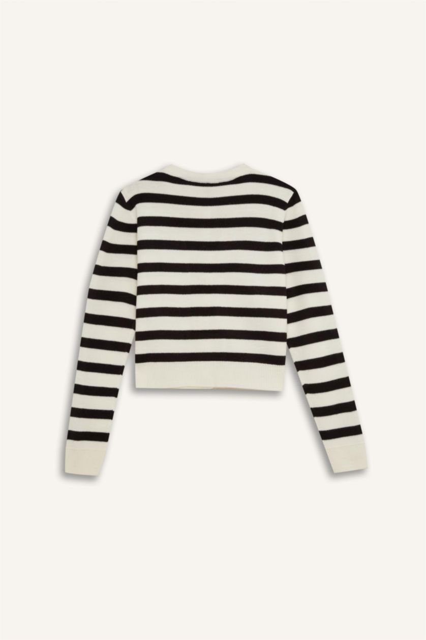 Kadın Siyah Regular Fit Çizgili Bisiklet Yaka Triko Hırka