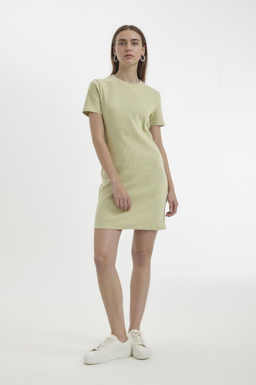 Kadın Açık Haki Coool Bodycon Vücudu Saran Bisiklet Yaka Fitilli Kaşkorse Kısa Kollu Mini Elbise